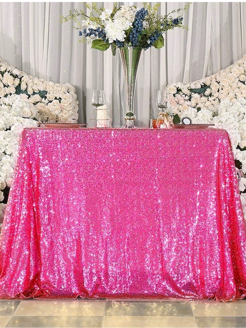 Hot Pink Sequin Tablecloth, Glitter Table Cover 50x50 Inch Square